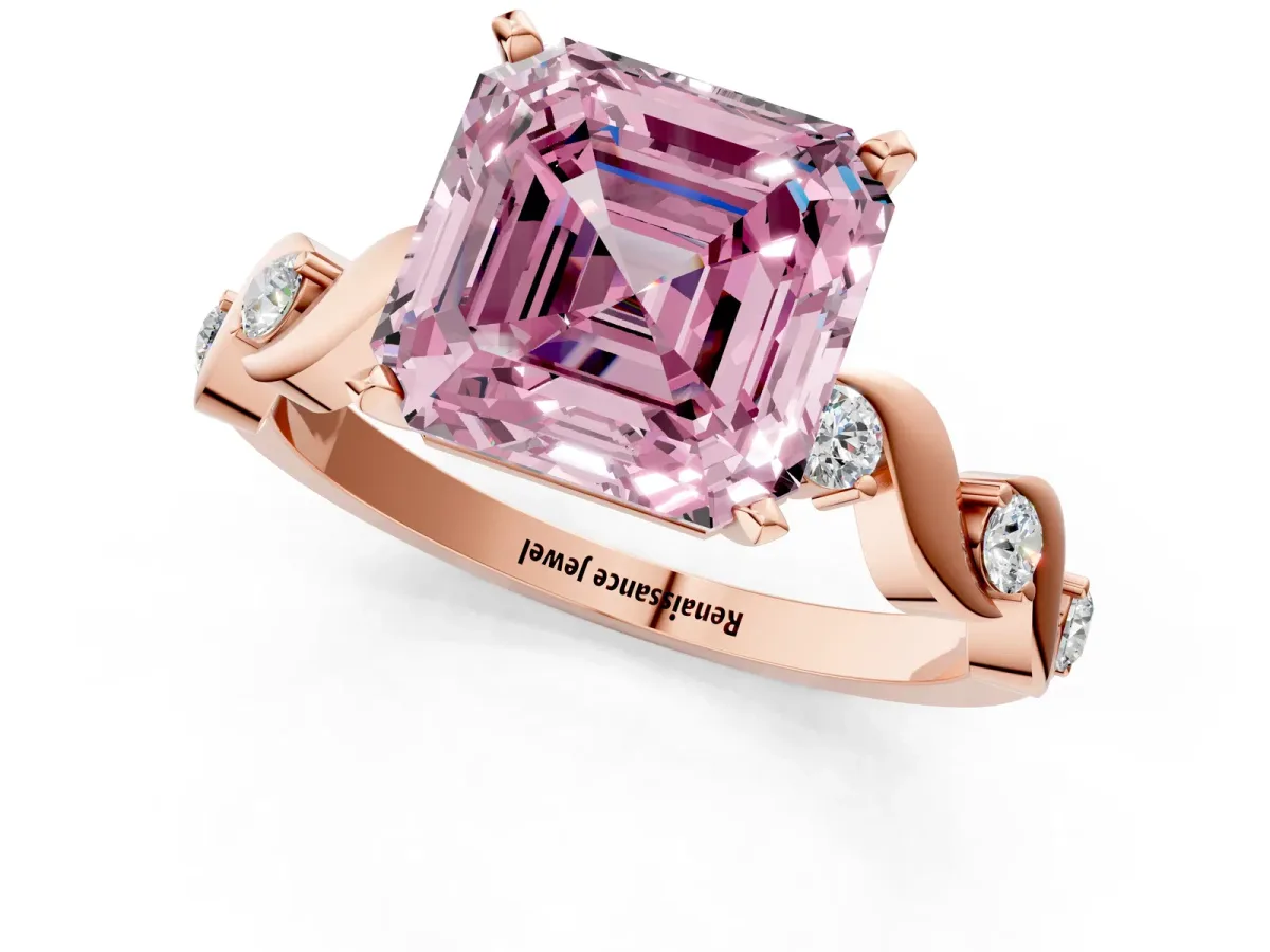 Fancy Pink Asscher Cut Diamond Solitaire Twisted Band with Round Accents and Prong Setting Rose gold