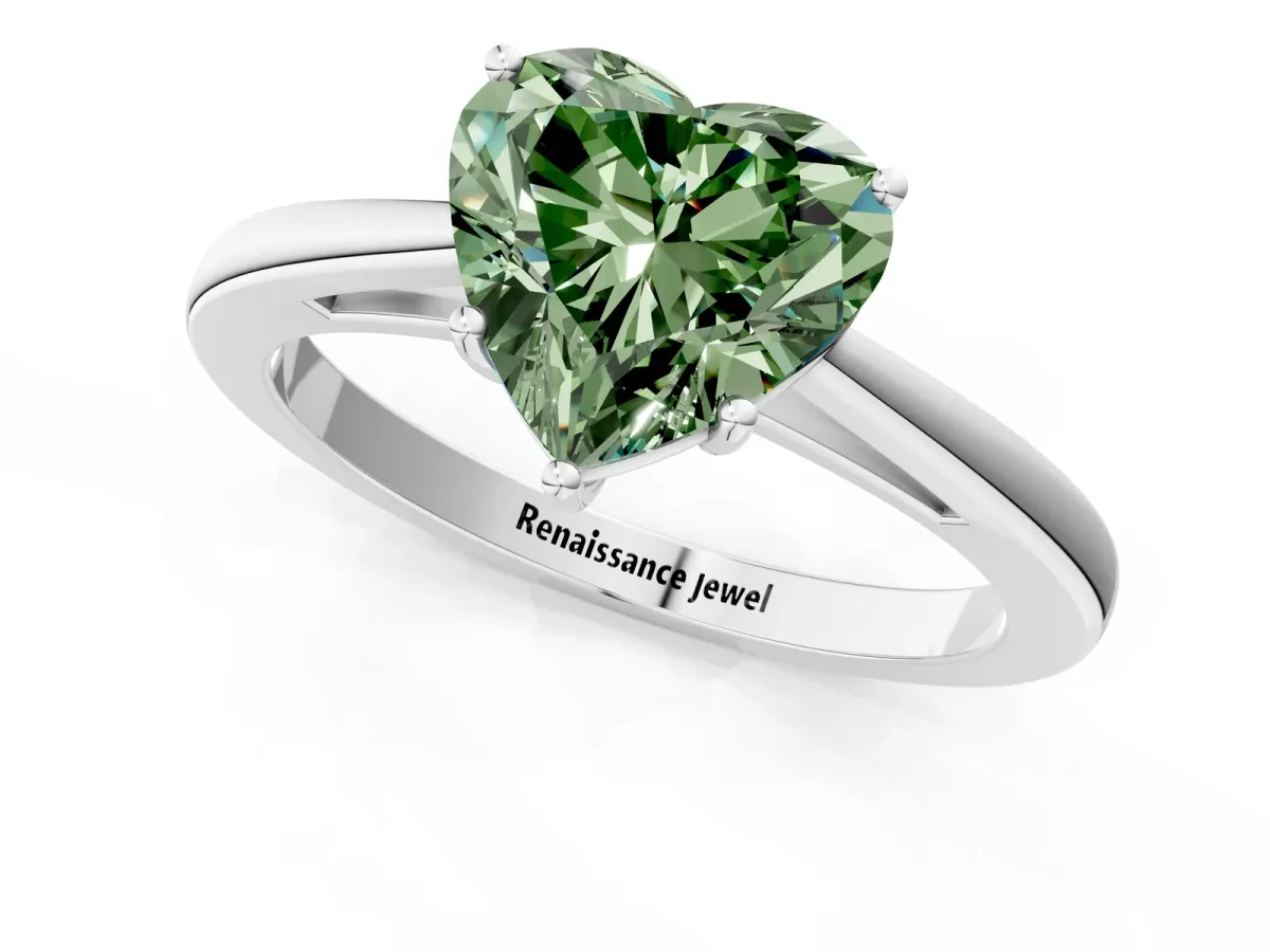 Fancy Green Heart Cut Solitaire Diamond Ring with Split Shank and Four-Prong Setting Platinum