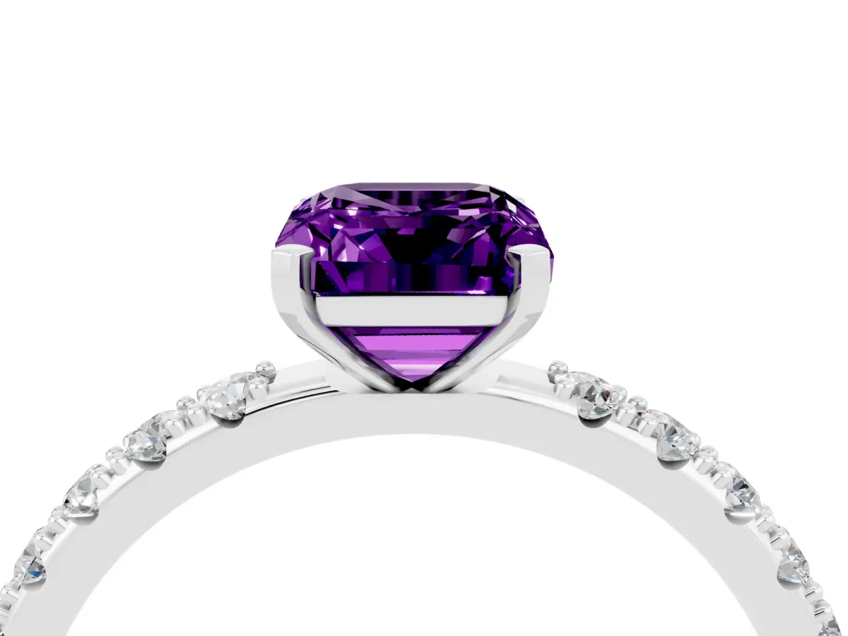Emerald Cut Amethyst Solitaire Pavé Band with Four-Prong Setting Silver