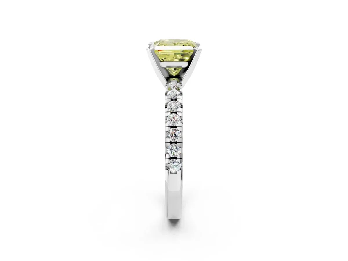 Fancy Yellow Princess Cut Diamond Solitaire Pavé Engagement Ring with Round Band and Prong Setting White gold