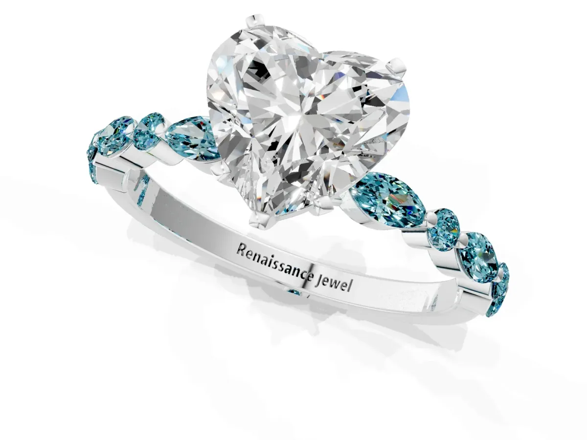 Heart Cut Diamond Ring with Marquise and Round Blue Topaz Side Stones and Four-Prong Setting White gold