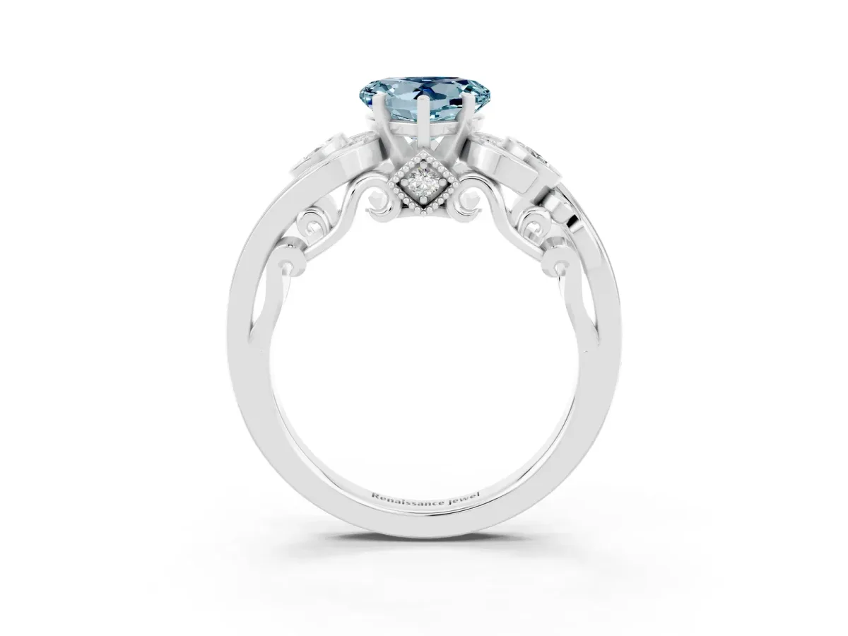 Heart Cut Aquamarine Solitaire Ring with Milgrain Pavé Band and Four-Prong Setting Platinum