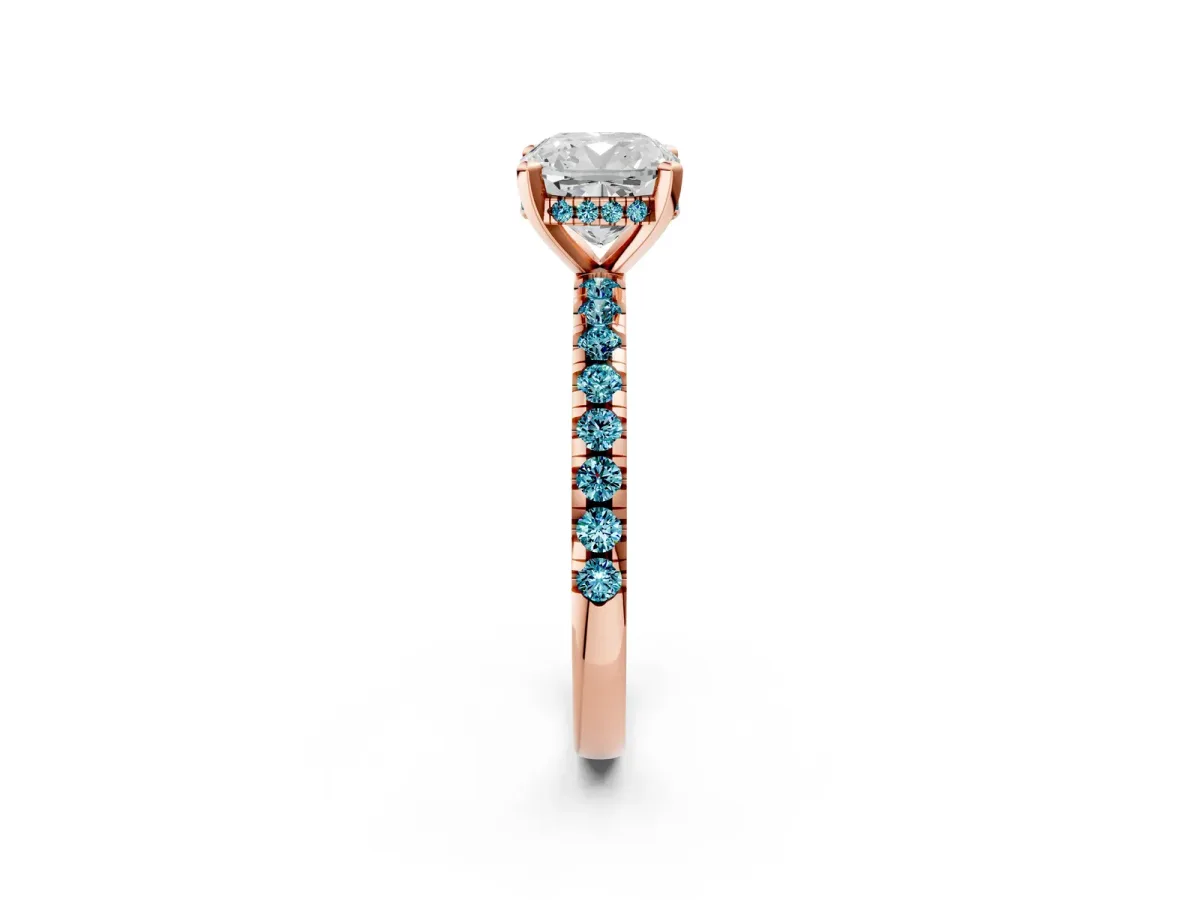 Cushion Cut Diamond Solitaire Ring with Round Blue Topaz Pavé Band and Four-Prong Setting Rose gold