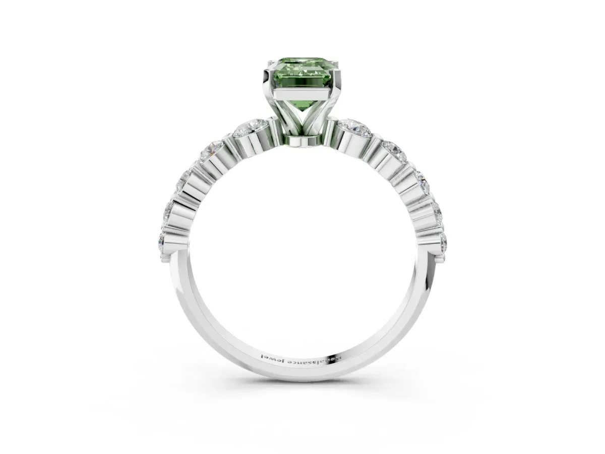 Fancy Green Emerald Cut Solitaire Diamond Ring with Pave Band and Four-Prong Setting Silver