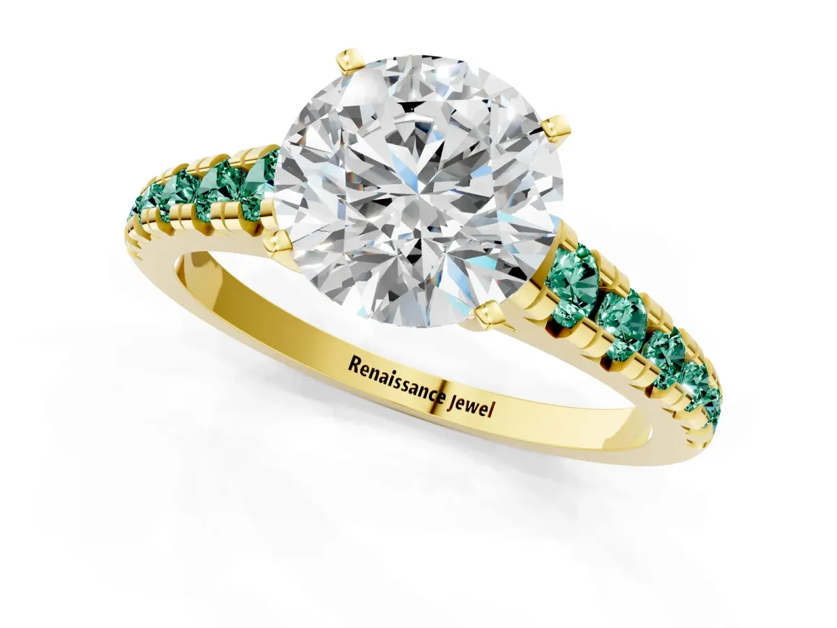 Round Cut Diamond Cathedral Solitaire Ring with Round Green Sapphire Pavé Band Yellow gold
