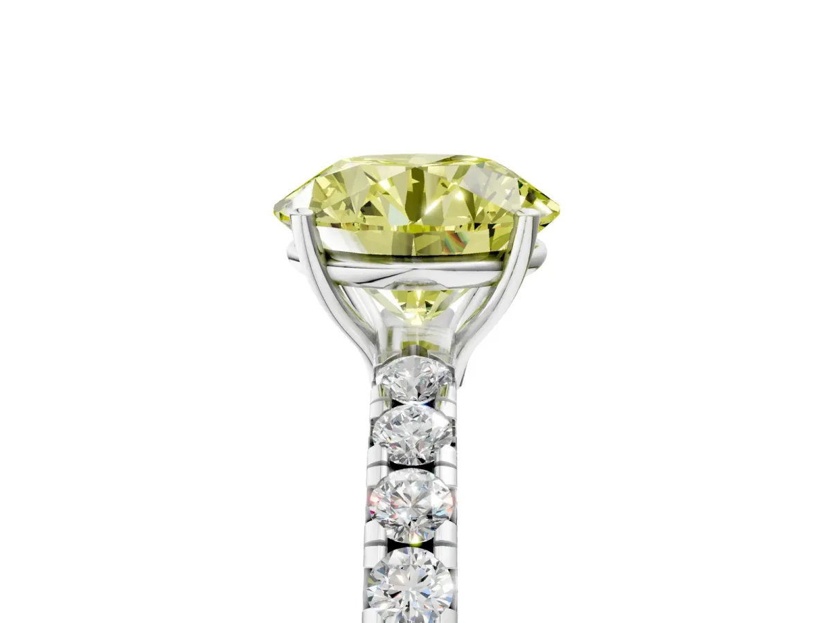 Fancy Yellow Round Cut Diamond Pavé Solitaire Engagement Ring with Four-Prong Setting Silver