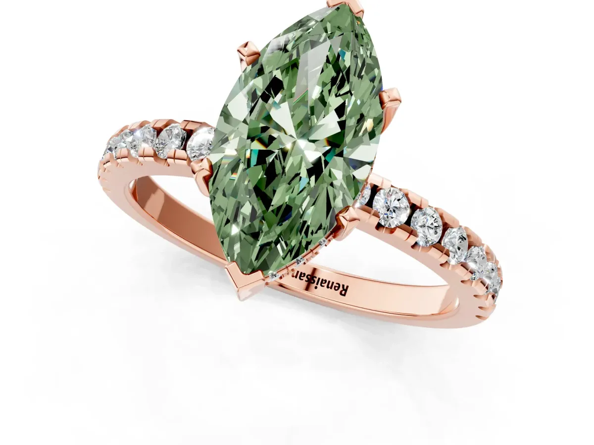 Fancy Green Marquise Cut Diamond Solitaire Ring with Round Pavé Band and Four-Prong Setting Rose gold