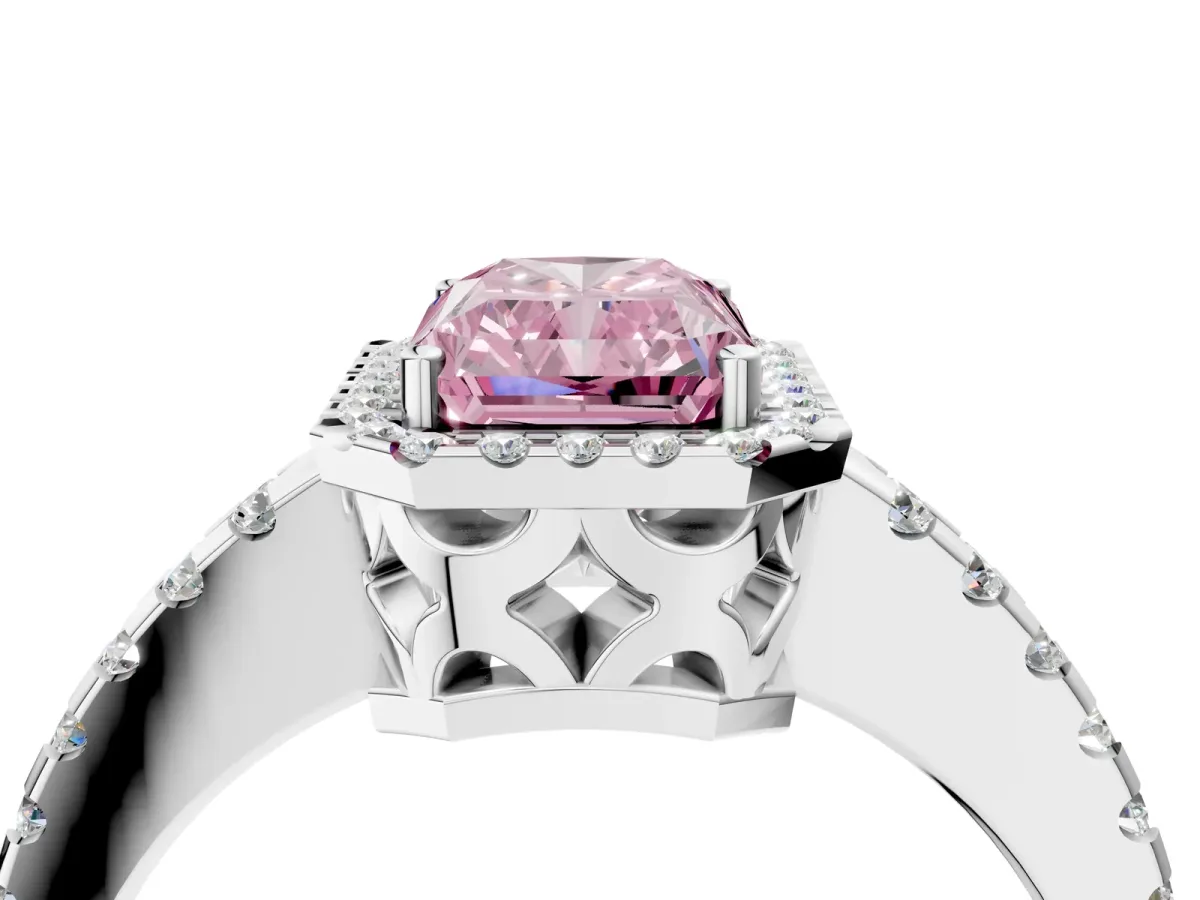 Fancy Pink Radiant Cut Diamond Halo Engagement Ring with Pavé Band and Prong Setting Platinum
