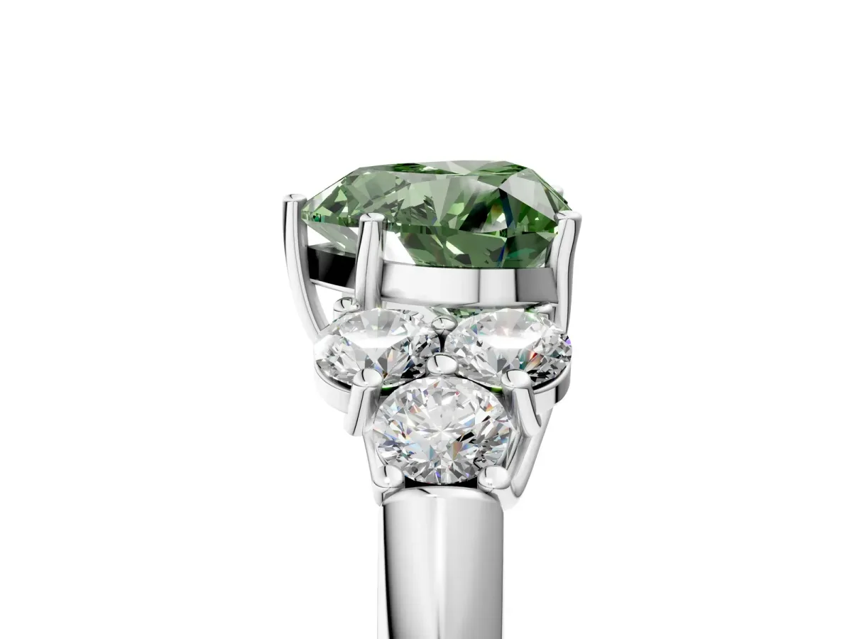 Fancy Green Heart Cut Cut Diamond Cluster Ring with Round Accent Stones and Prong Setting on a Classic Band Platinum