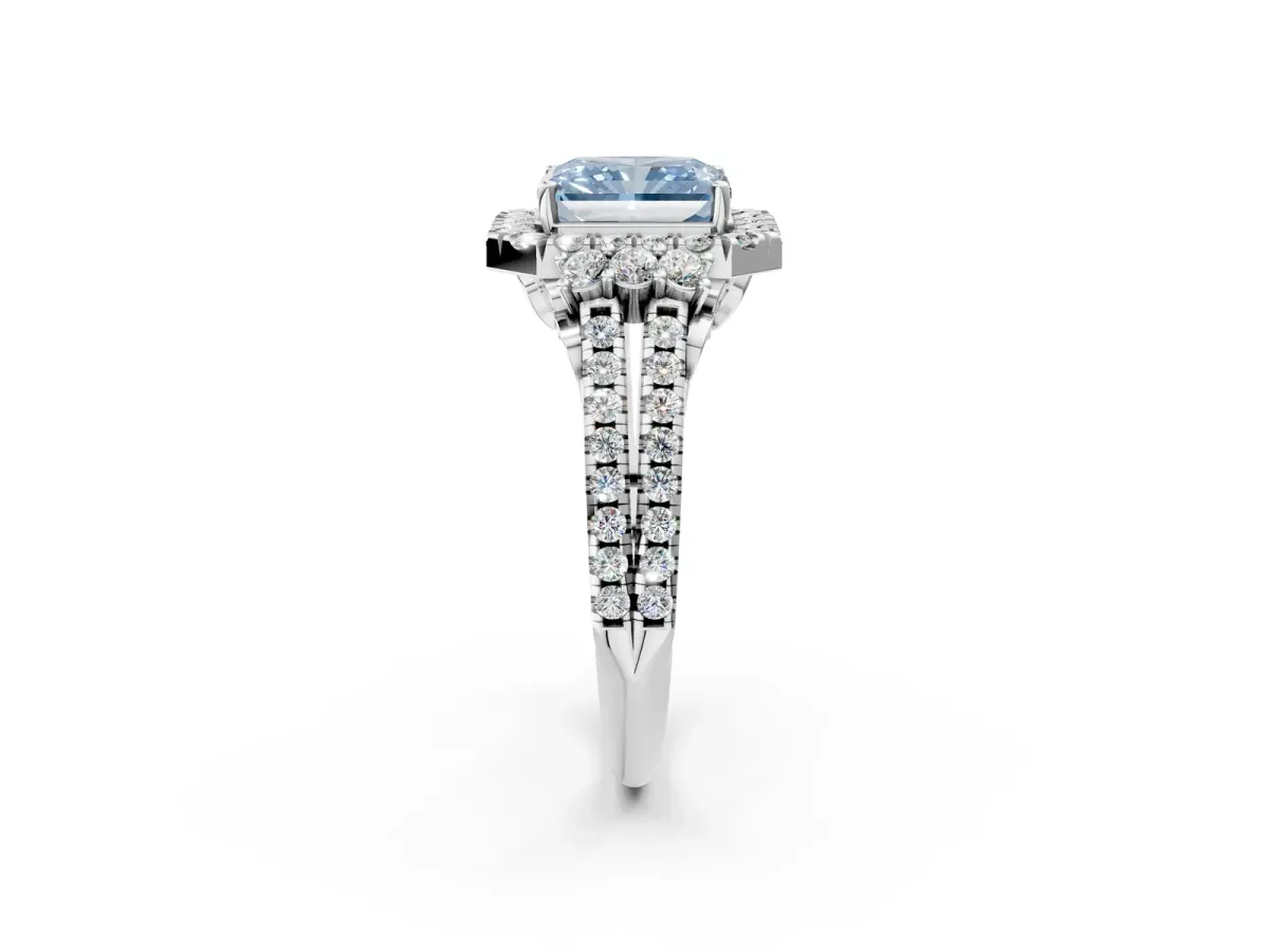 Fancy Blue Radiant Cut Cut Double Halo Diamond Engagement Ring with Pave Band and Four-Prong Setting Platinum