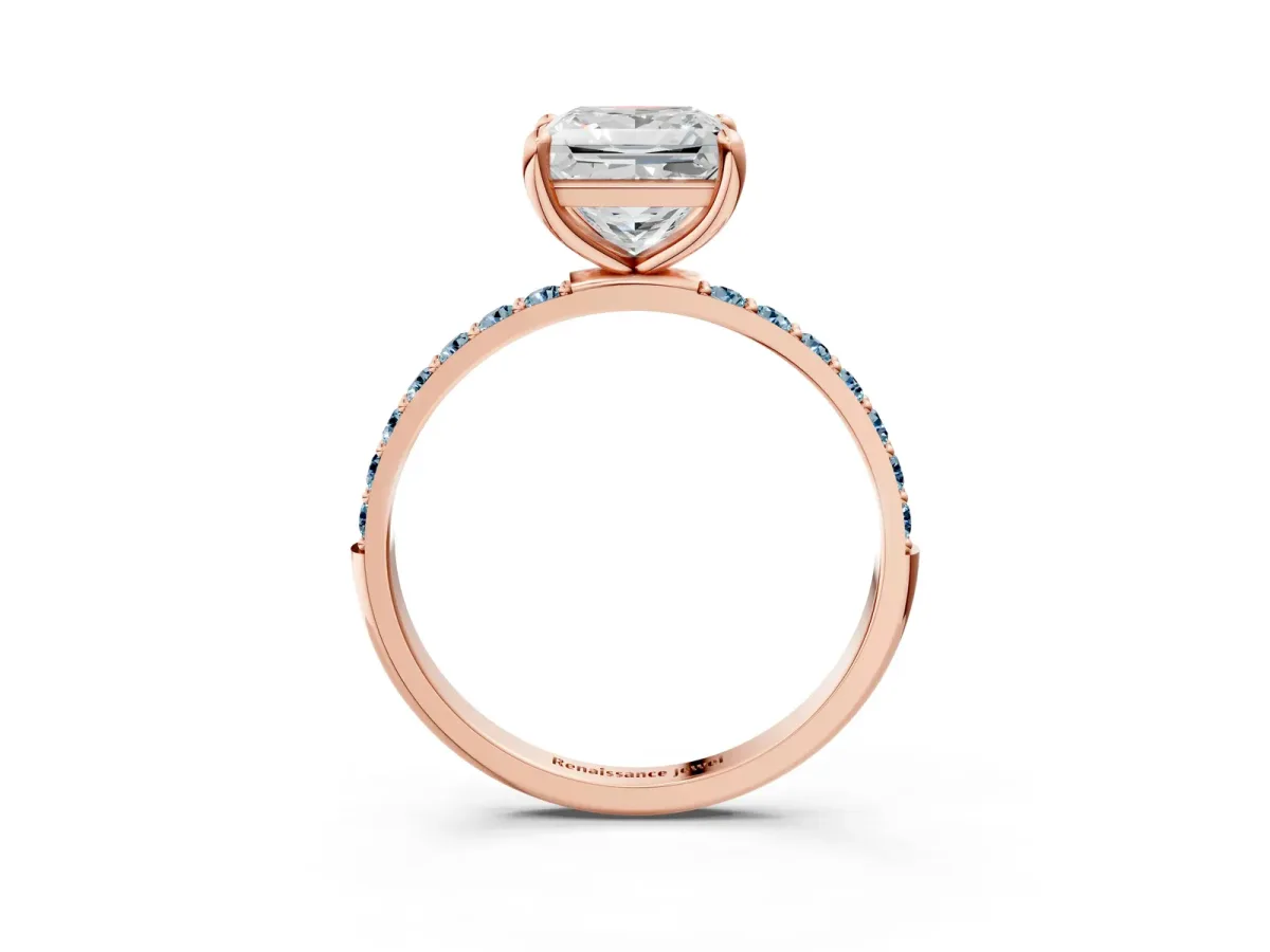 Princess Cut Diamond Solitaire Ring with Round Aquamarine Pavé Band and Prong Setting Rose gold