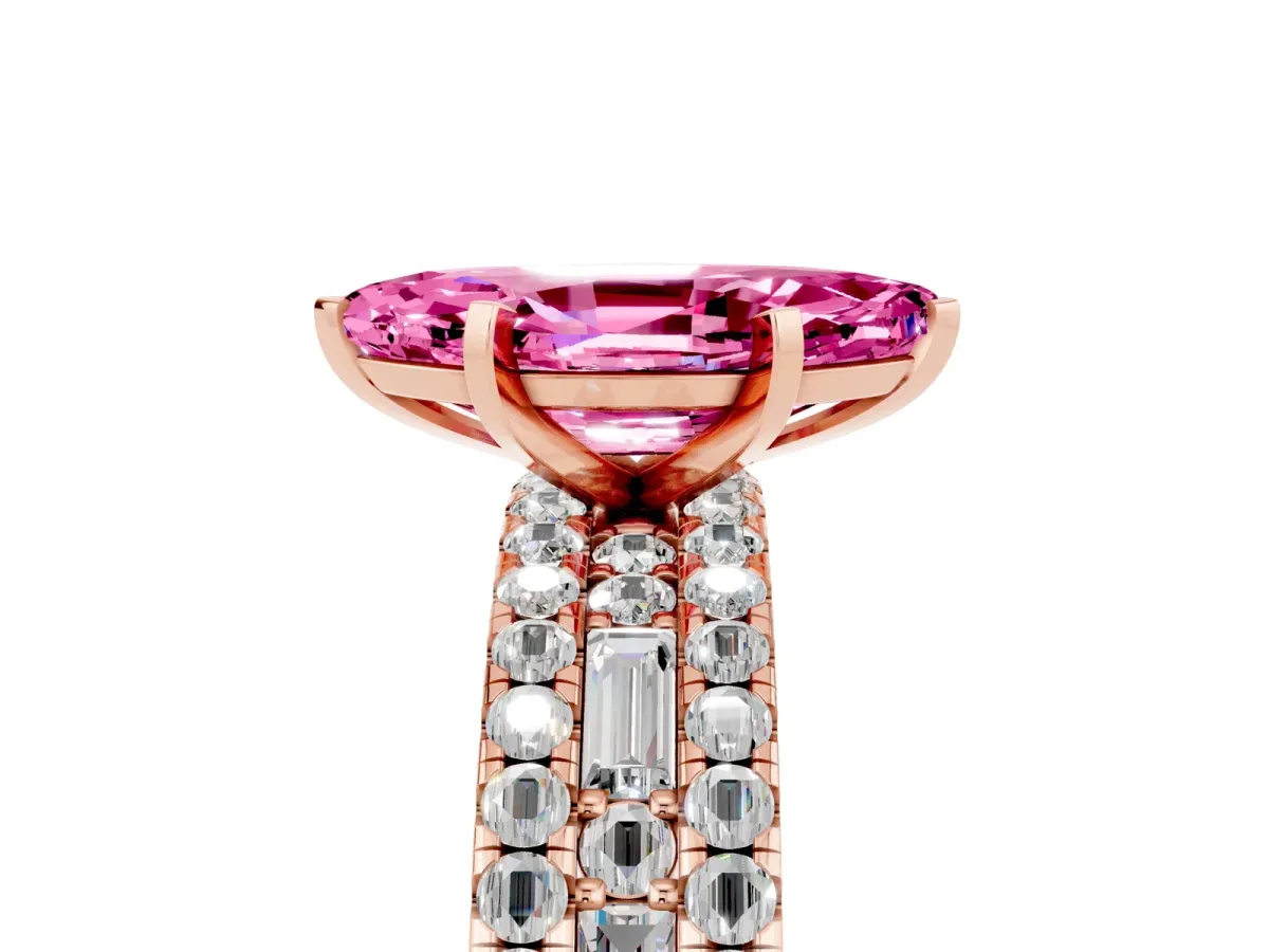 Marquise Cut Pink Sapphire Solitaire Ring with Pavé and Channel Set Band Rose gold