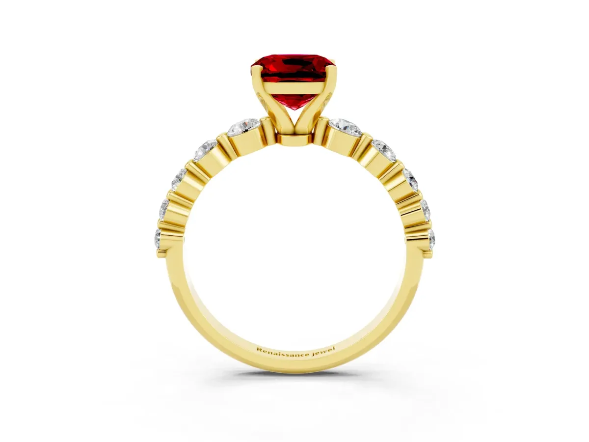 Cushion Cut Solitaire Ruby Ring with Pave Band and Four-Prong Setting Yellow gold