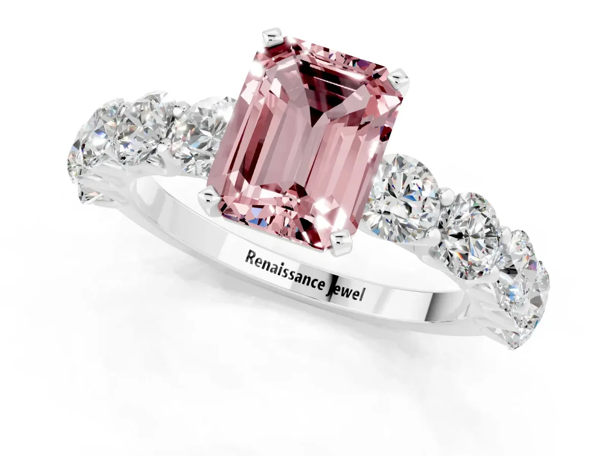 Emerald Cut Morganite Prong Setting with Side Stones on a Pave Band Silver