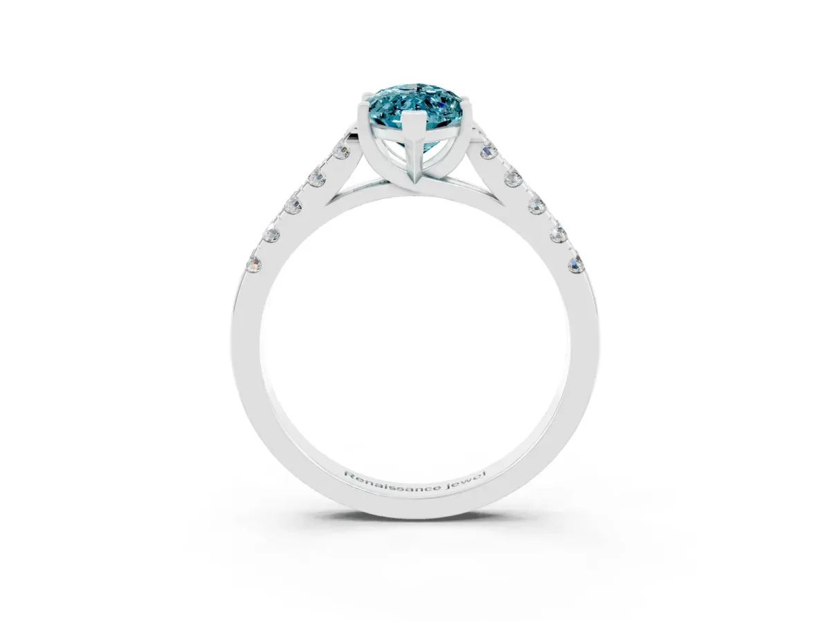 Marquise Cut Blue Topaz Pavé Band Solitaire Ring with Prong Setting Silver