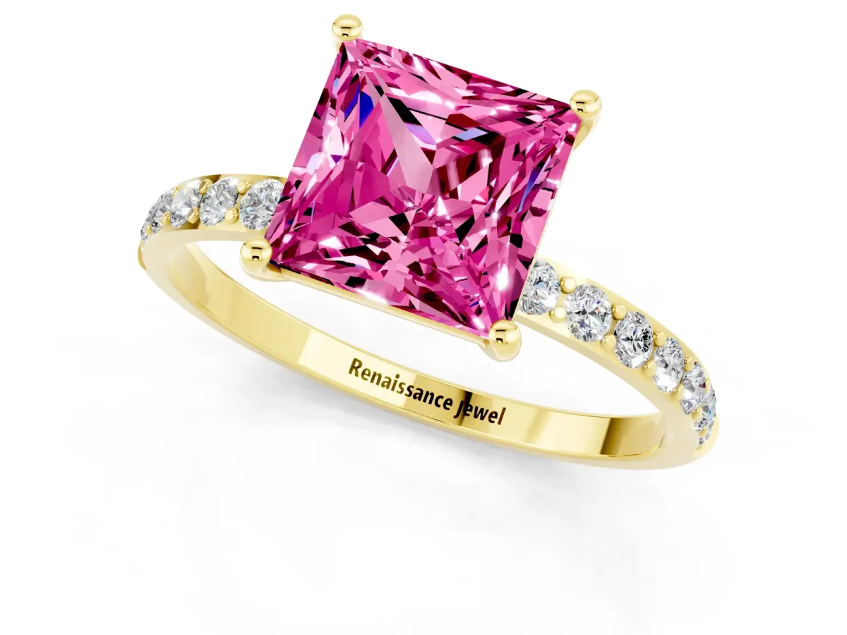 Princess Cut Pink Sapphire Solitaire Ring with Round Pavé Band and Prong Setting Yellow gold