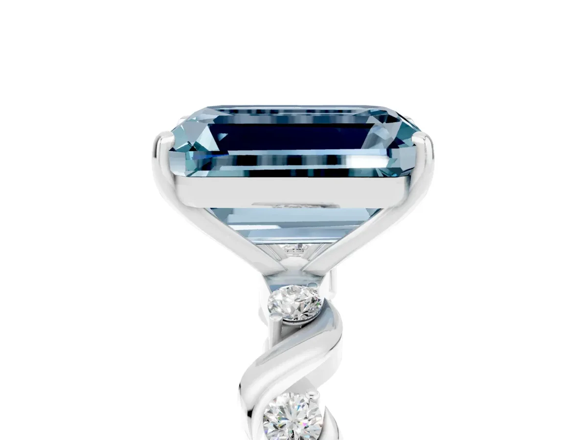 Emerald Cut Aquamarine Solitaire Twisted Band with Round Accents and Prong Setting White gold