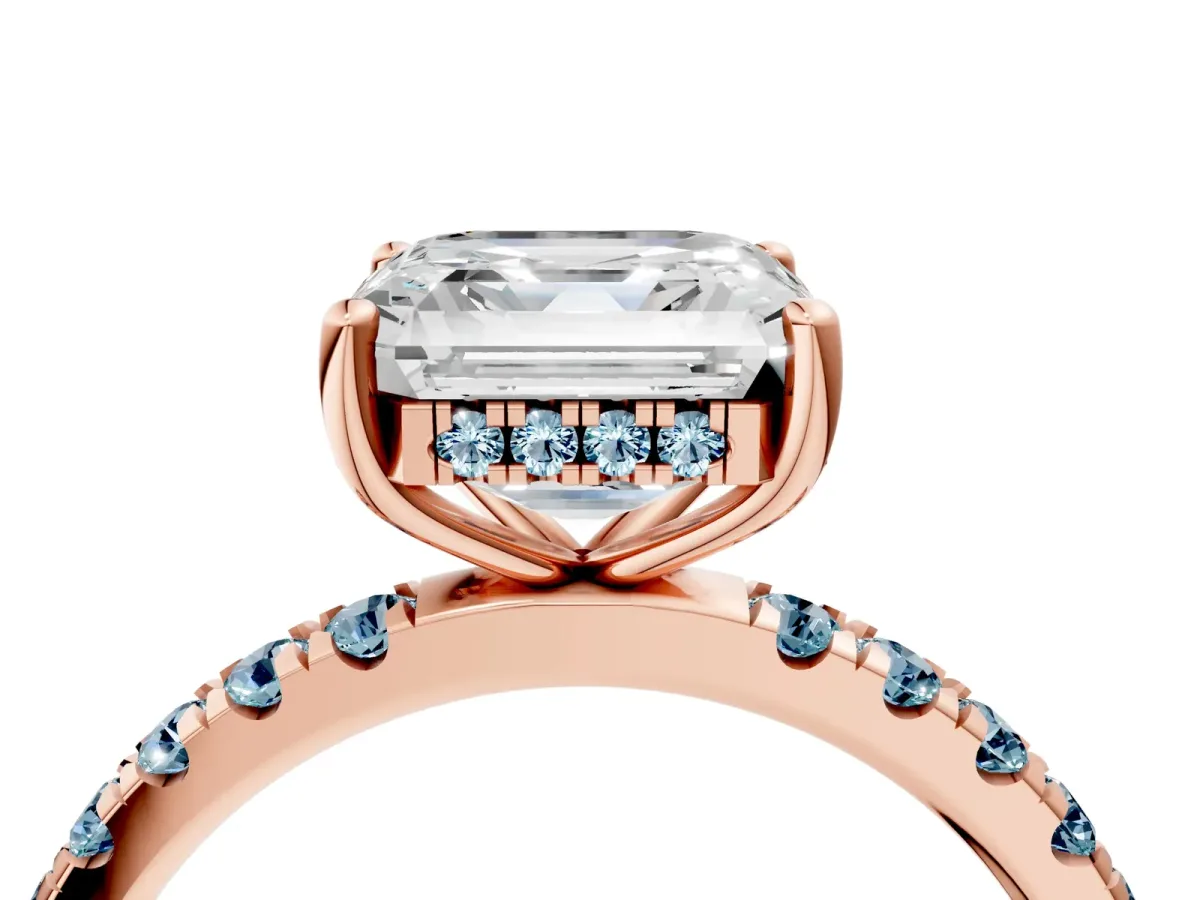 Asscher Cut Diamond Pave Band Solitaire Ring with Round Aquamarine and Prong Setting Rose gold