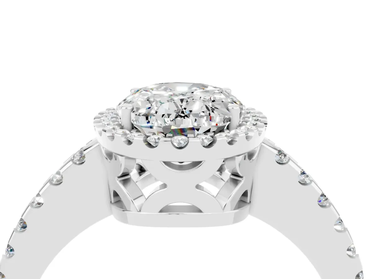 Oval Cut Moissanite Halo Engagement Ring with Pavé Band and Prong Setting White gold