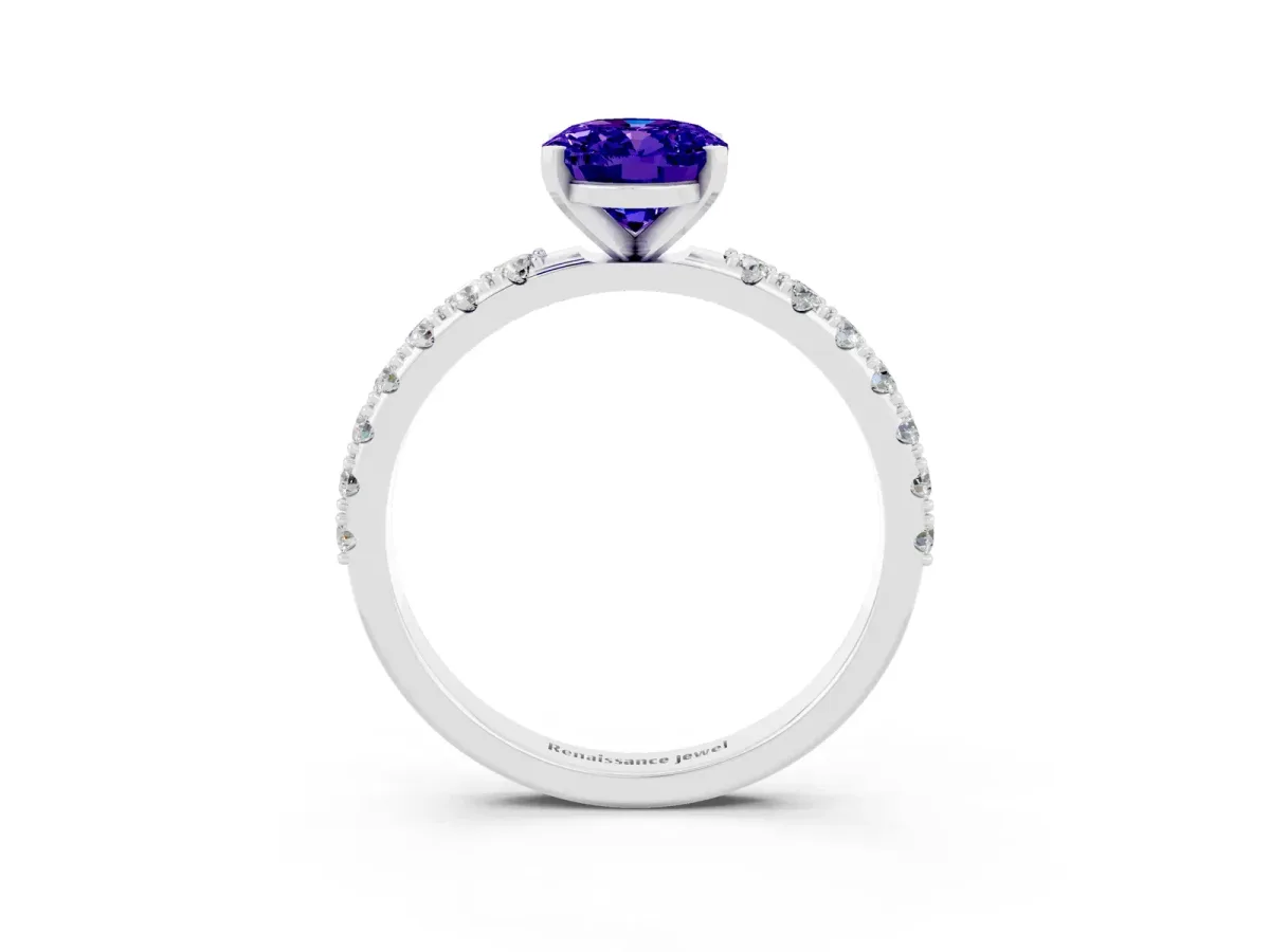 Oval Cut Tanzanite Solitaire Pavé Band with Four-Prong Setting Silver