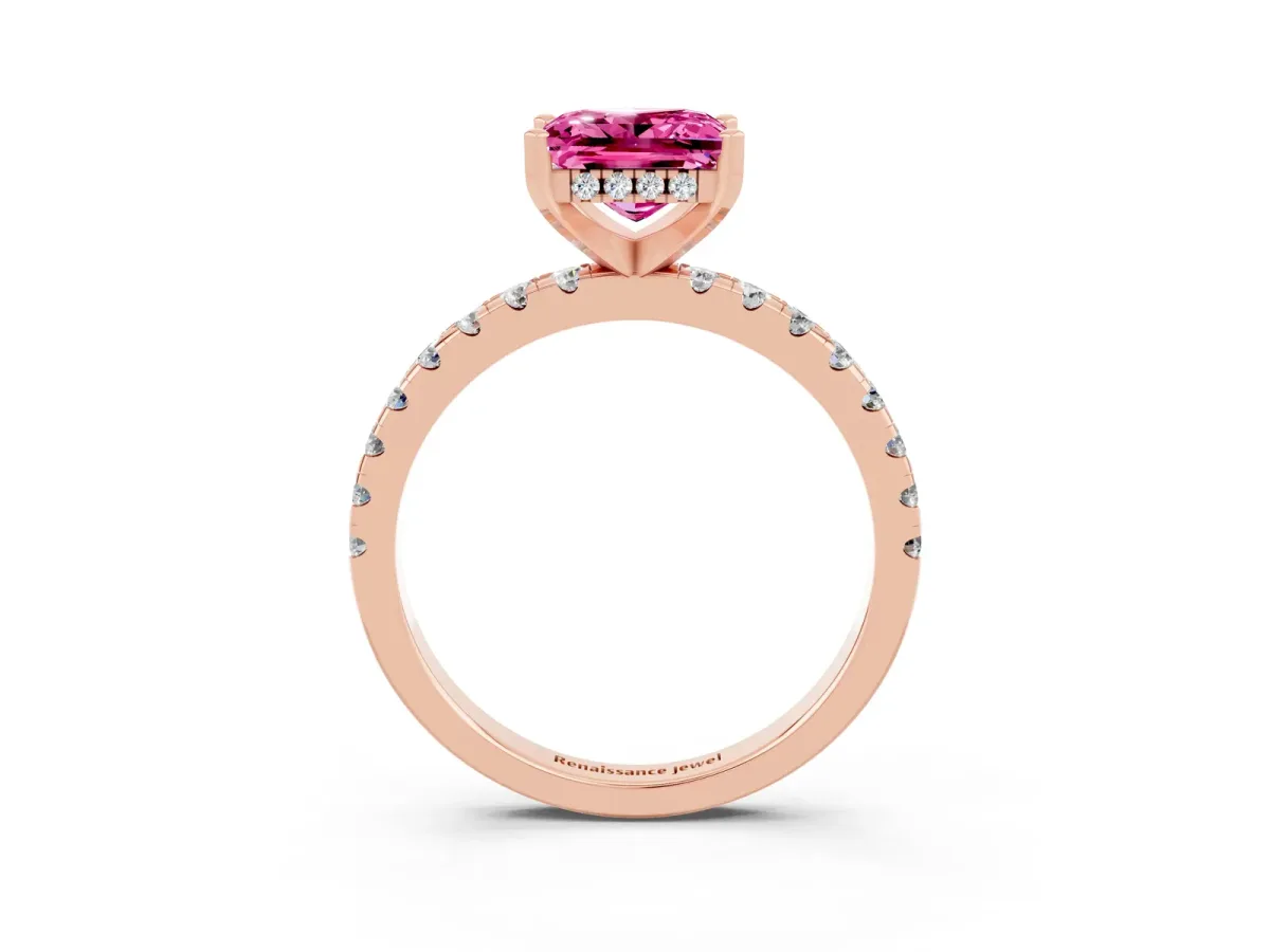 Princess Cut Pink Sapphire Solitaire Ring with Round Pavé Band and Four-Prong Setting Rose gold