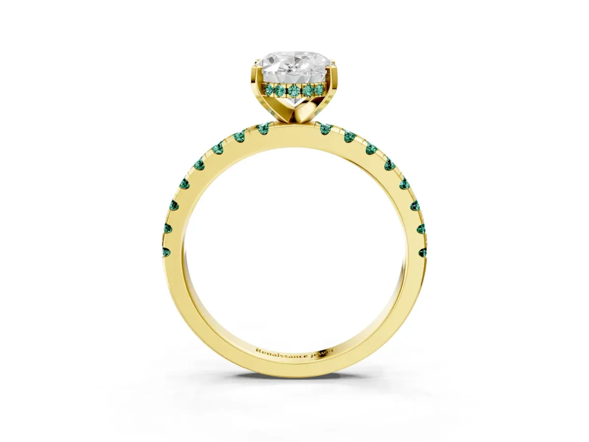 Oval Cut Diamond Solitaire Ring with Round Green Sapphire Pavé Band and Four-Prong Setting Yellow gold