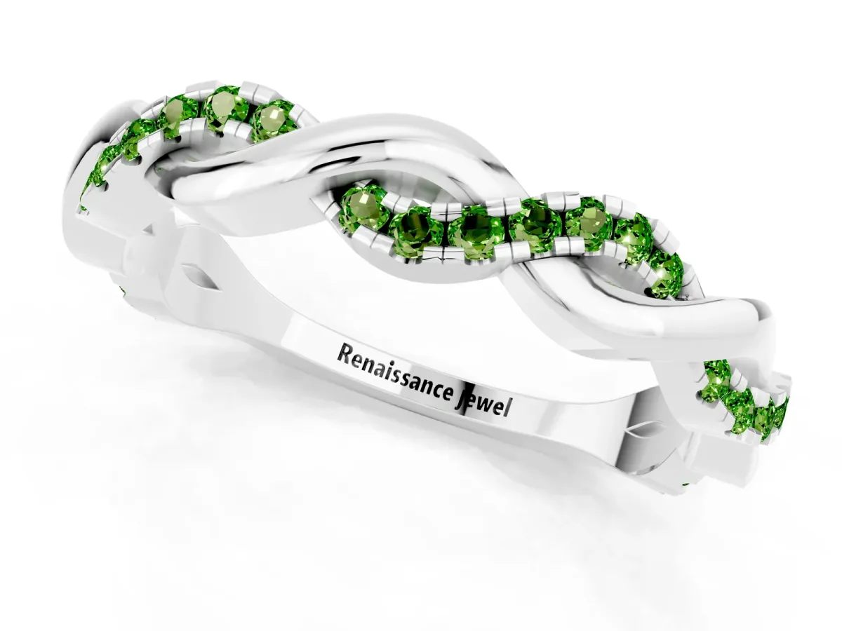 Round Peridot Twist Eternity Band with Pavé Setting White gold