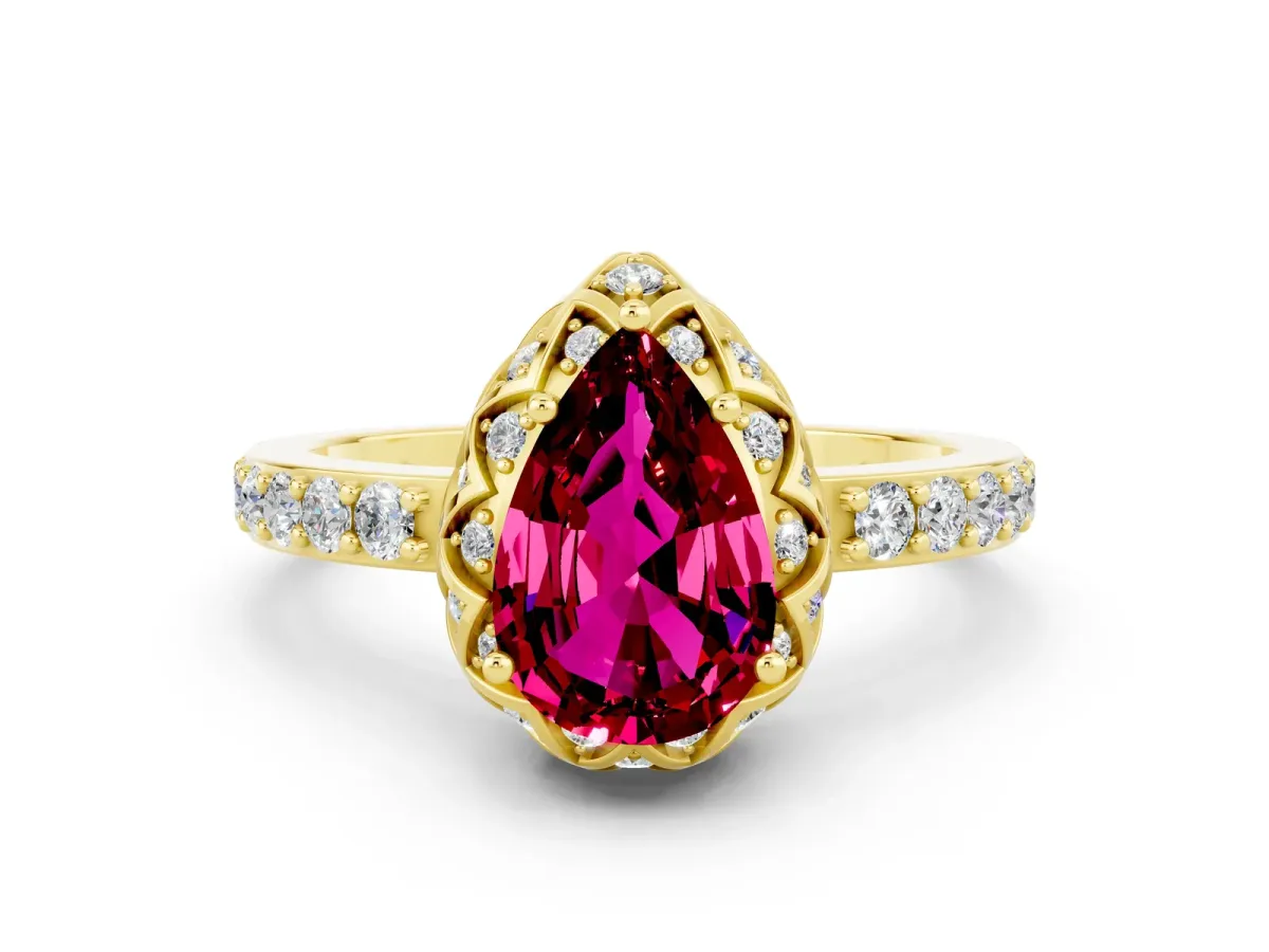 Pear Cut Garnet Scalloped Halo Engagement Ring with Round Shared Prong Band Yellow gold