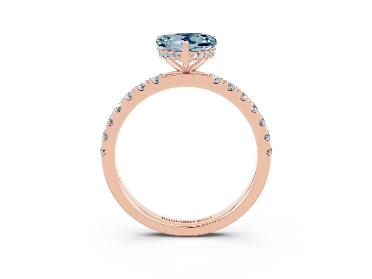 Heart Cut Aquamarine Pave Band Solitaire Ring with Round and Prong Setting Rose gold