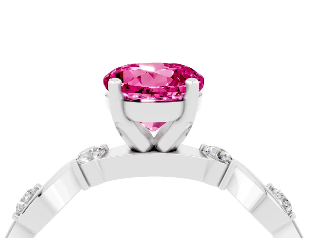 Round Cut Pink Sapphire Solitaire Twisted Band with Round Accents and Prong Setting White gold