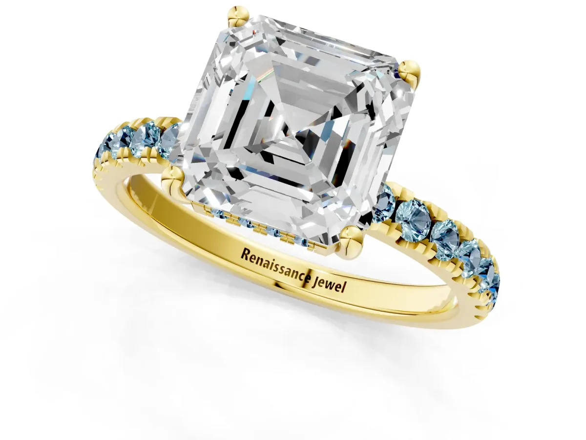 Asscher Cut Diamond Pave Band Solitaire Ring with Round Aquamarine and Prong Setting Yellow gold