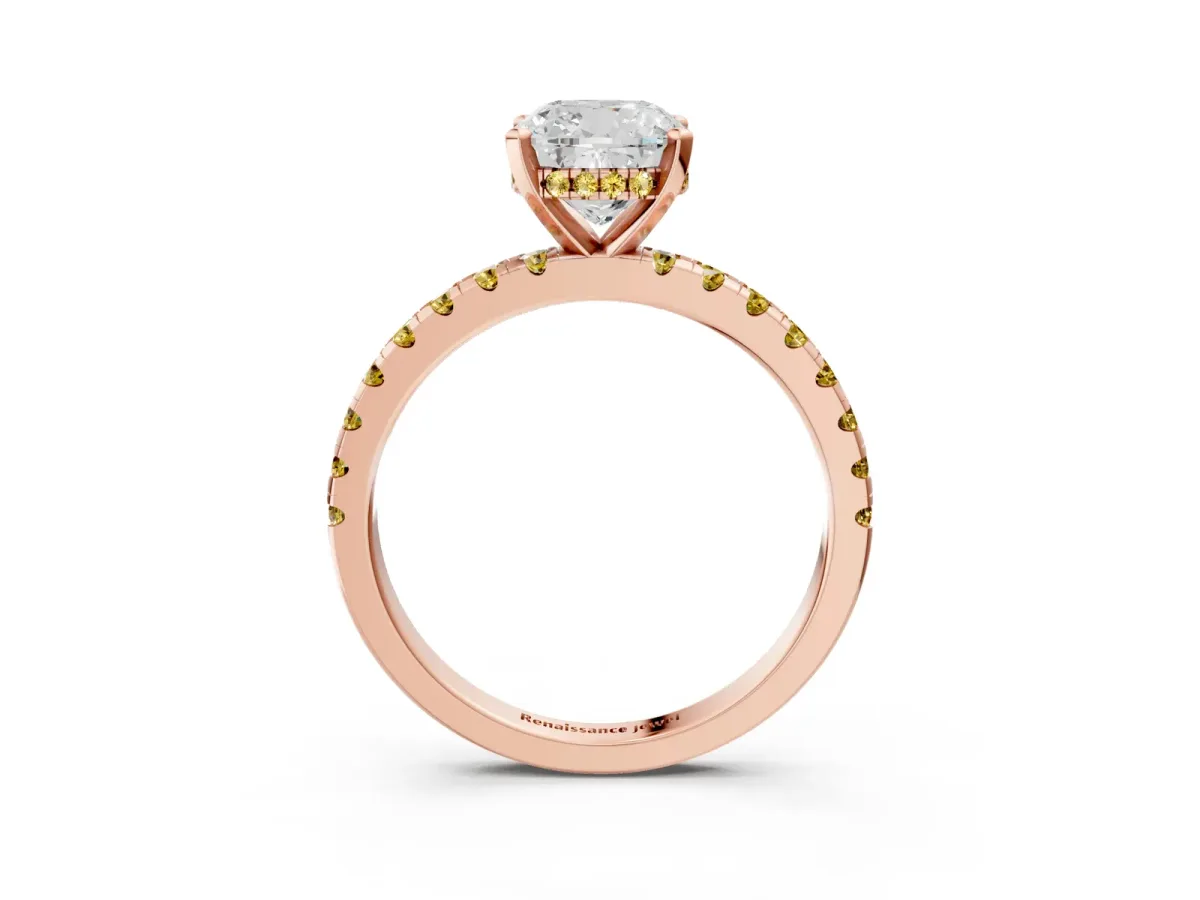Cushion Cut Diamond Solitaire Ring with Round Yellow Sapphire Pavé Band and Four-Prong Setting Rose gold