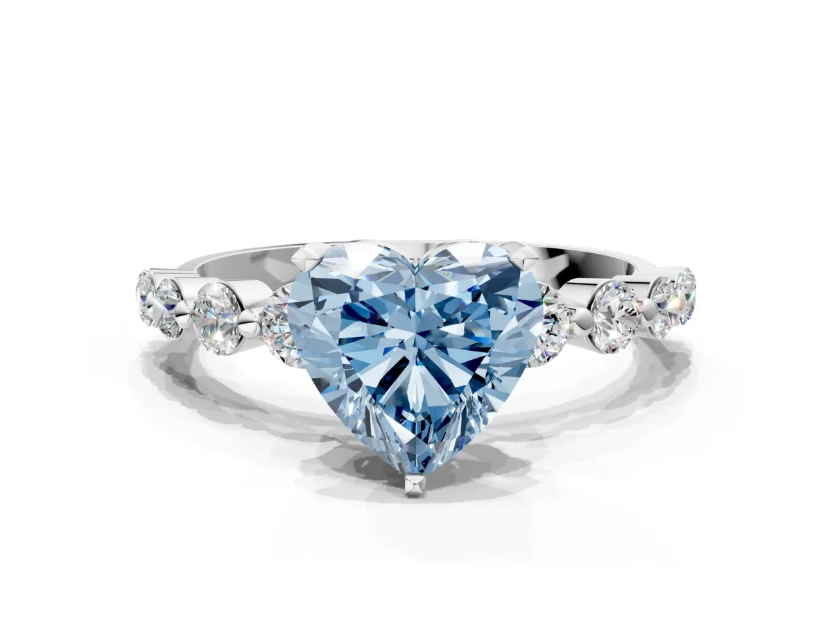Fancy Blue Heart Cut Solitaire Diamond Ring with Pave Band and Four-Prong Setting Platinum