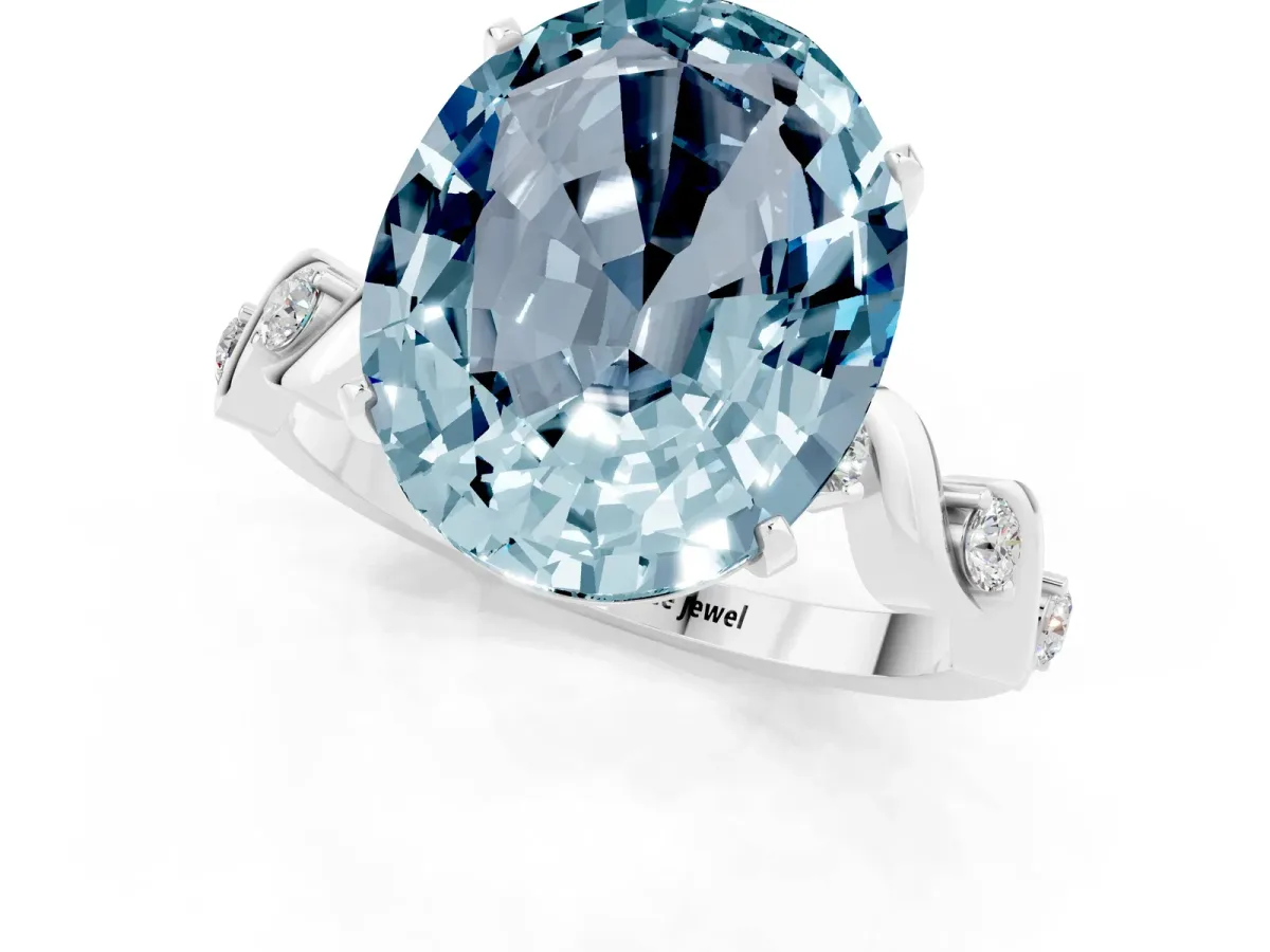 Oval Cut Aquamarine Solitaire Twisted Band with Round Accents and Prong Setting White gold