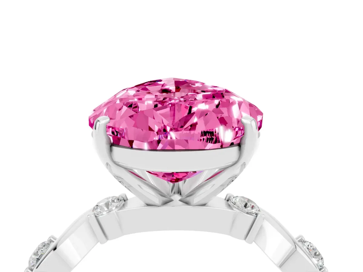 Pear Cut Pink Sapphire Solitaire Twisted Band with Round Accents and Prong Setting White gold
