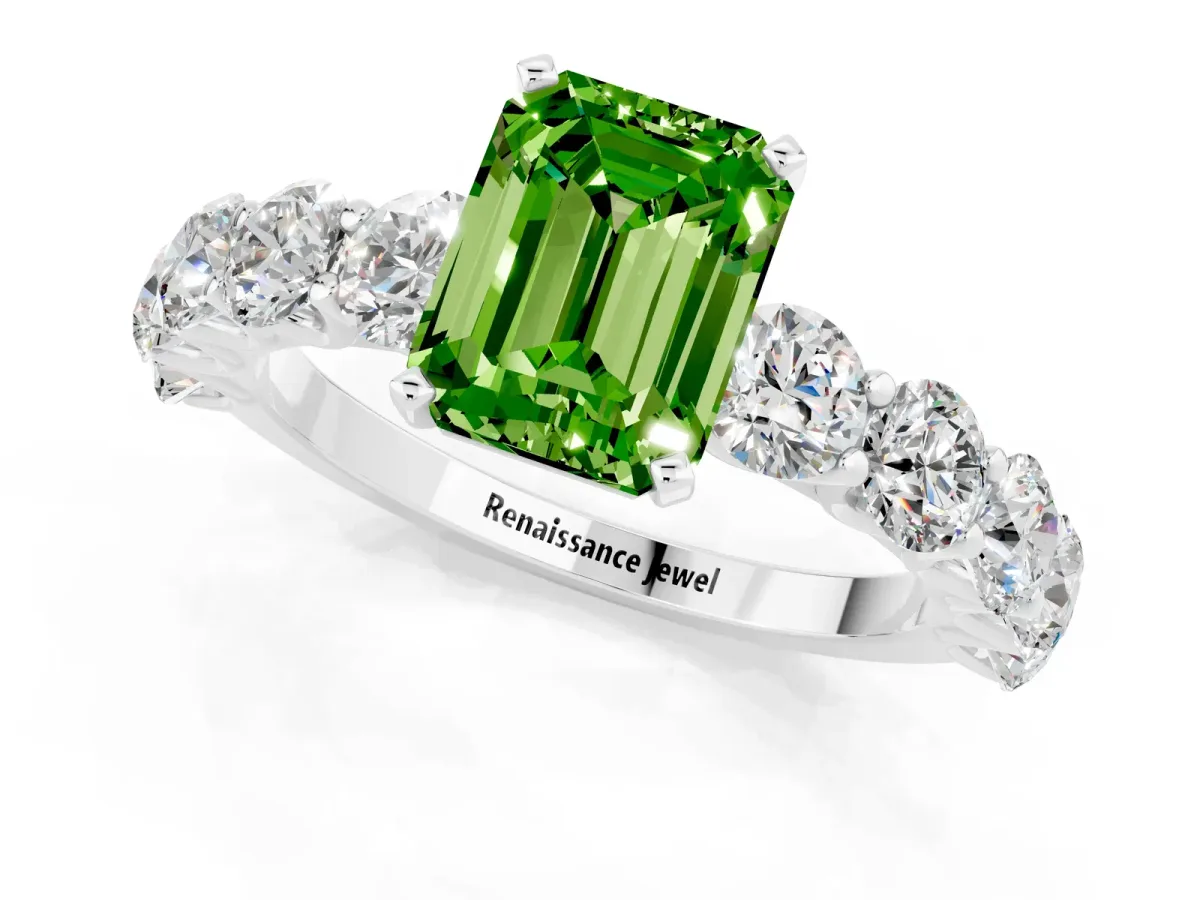 Emerald Cut Peridot Prong Setting with Side Stones on a Pave Band Silver