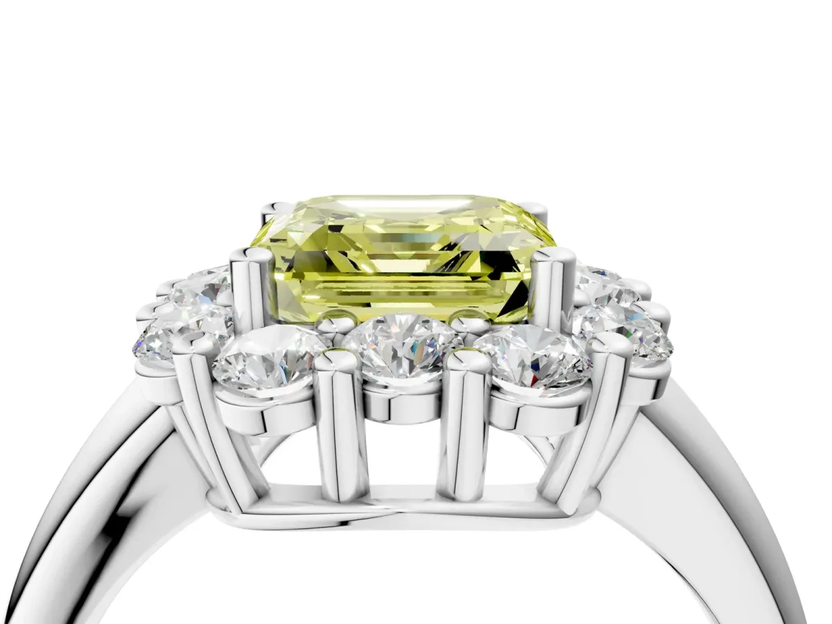 Fancy Yellow Asscher Cut Halo Cluster Diamond Engagement Ring with Prong Setting and Polished Band Platinum