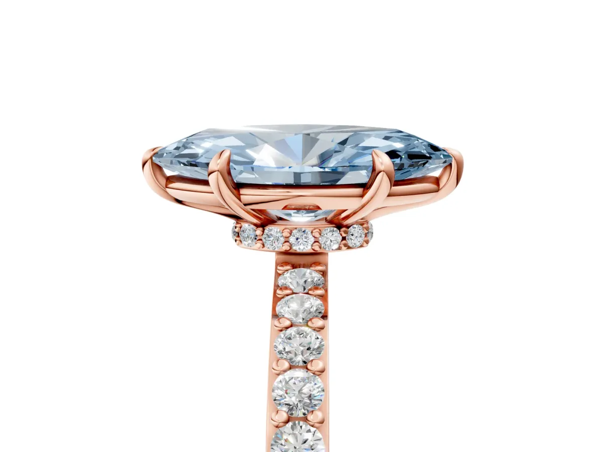 Fancy Blue Marquise Cut Diamond Solitaire Engagement Ring with Pavé Band and Four-Prong Setting Rose gold