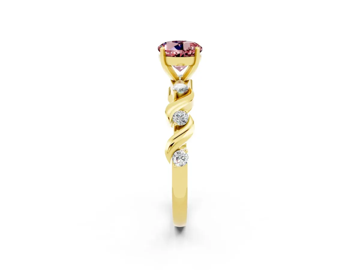 Round Cut Morganite Solitaire Twisted Band with Round Accents and Prong Setting Yellow gold