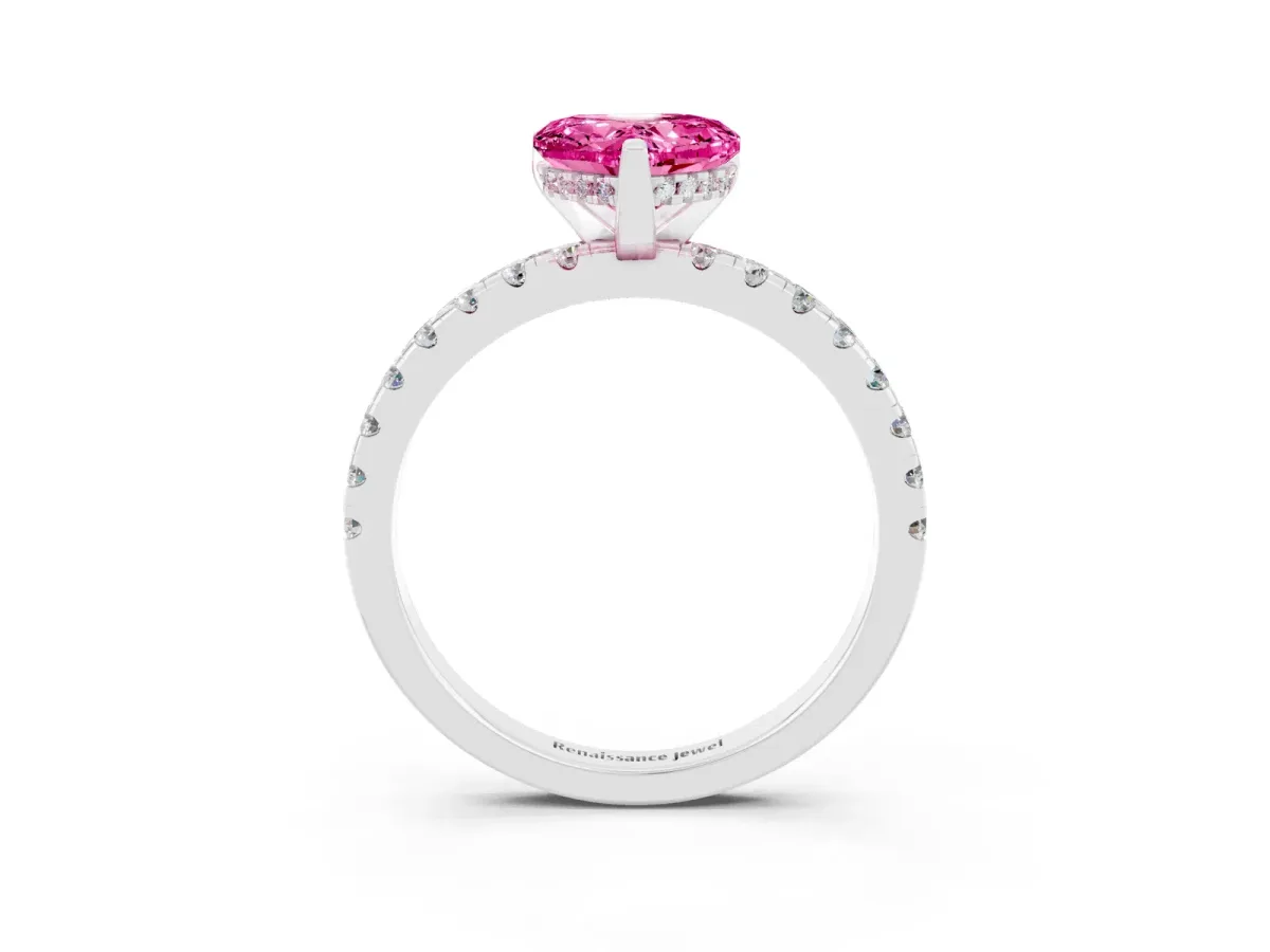Heart Cut Pink Sapphire Solitaire Ring with Round Pavé Band and Four-Prong Setting White gold