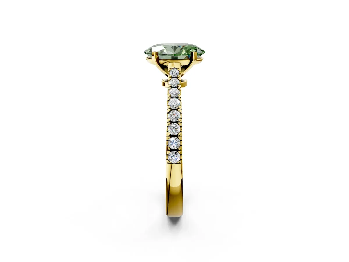 Fancy Green Oval Cut Cut Solitaire Diamond Engagement Ring with Pave Band and Four-Prong Setting Yellow gold