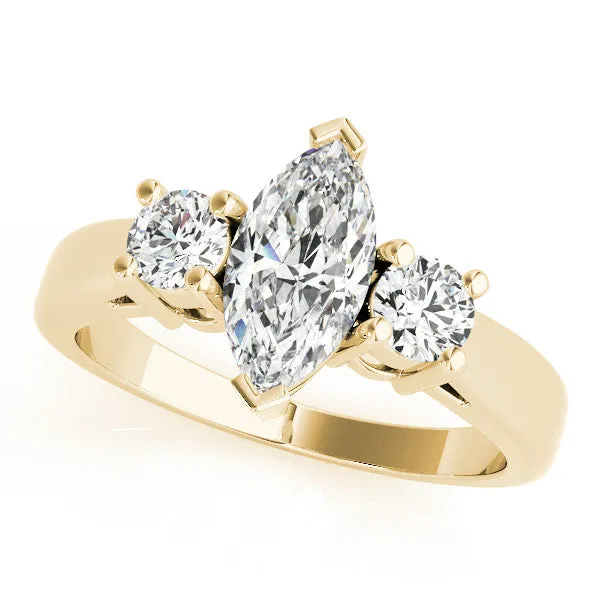 Three-Stone Round Cut Diamond Solitaire with Round Accents and Prong Setting on a Classic Band Yellow gold