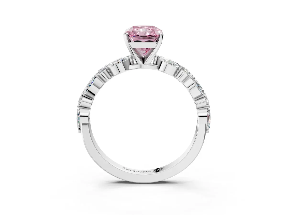 Fancy Pink Radiant Cut Diamond Ring with Marquise and Round Side Stones and Four-Prong Setting White gold