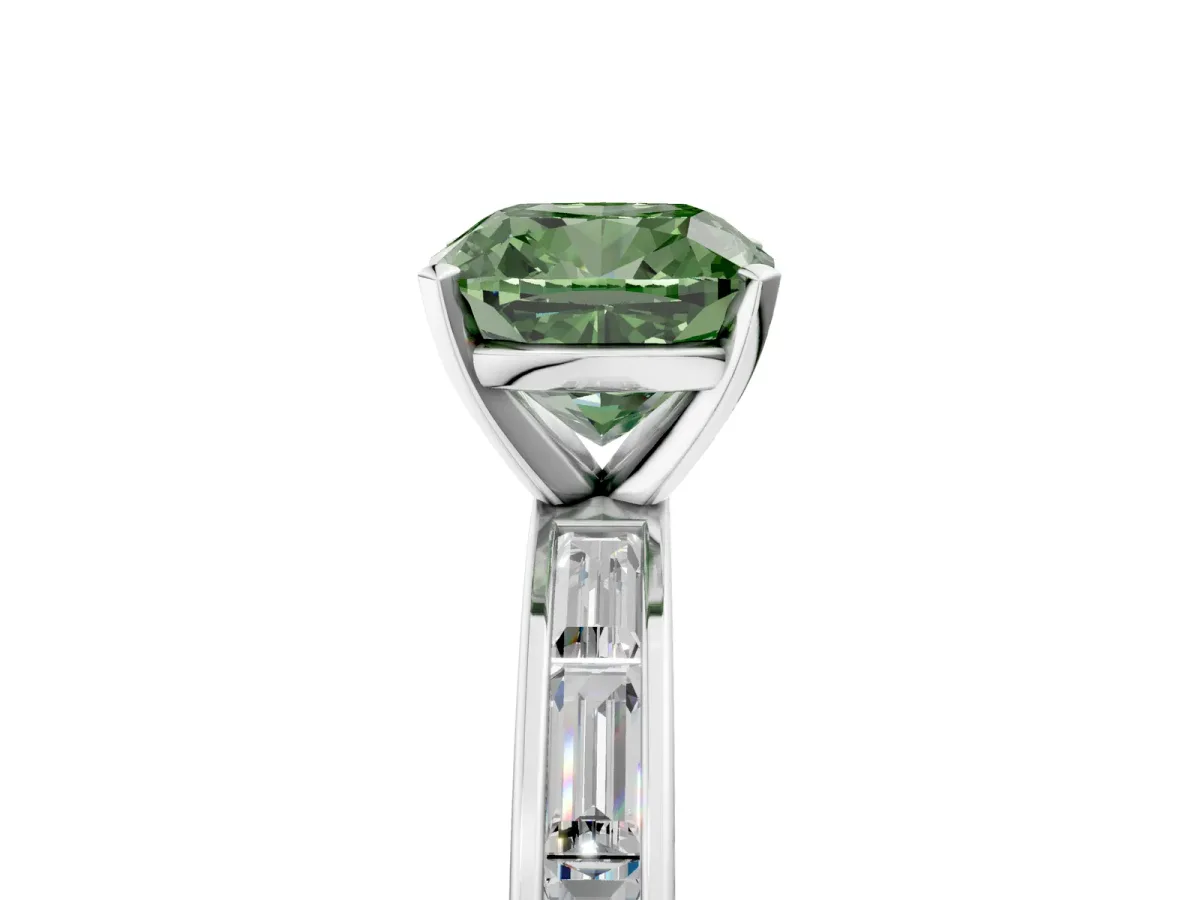 Fancy Green Cushion Cut Solitaire Diamond Ring with Channel-Set Baguette Band and Four-Prong Setting White gold