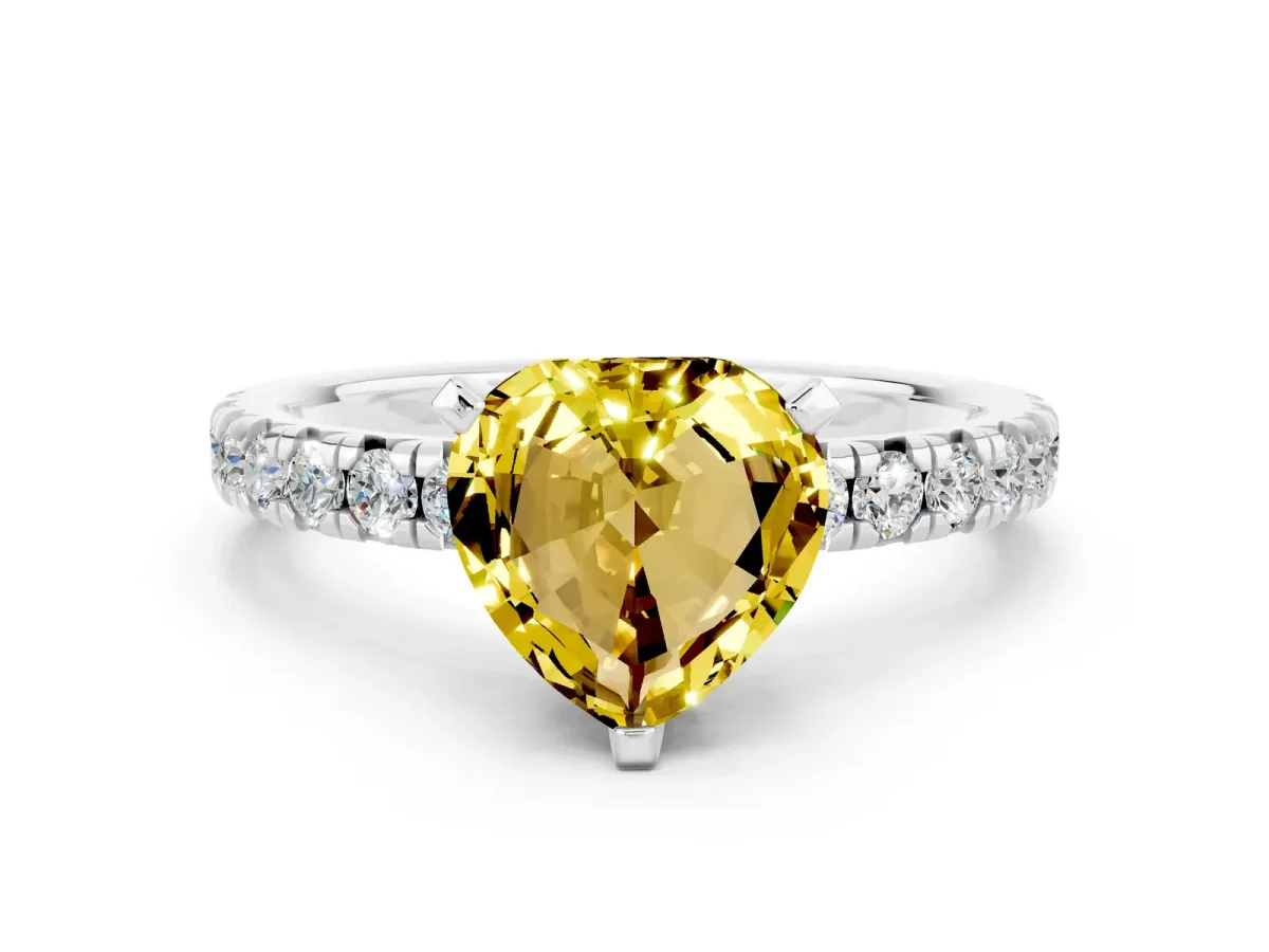 Heart Cut Yellow Sapphire Solitaire Pavé Engagement Ring with Round Band and Prong Setting Platinum
