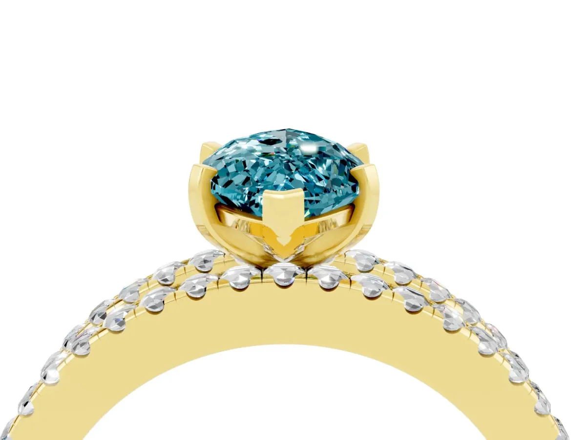 Marquise Cut Blue Topaz Solitaire Ring with Pavé and Channel Set Band Yellow gold