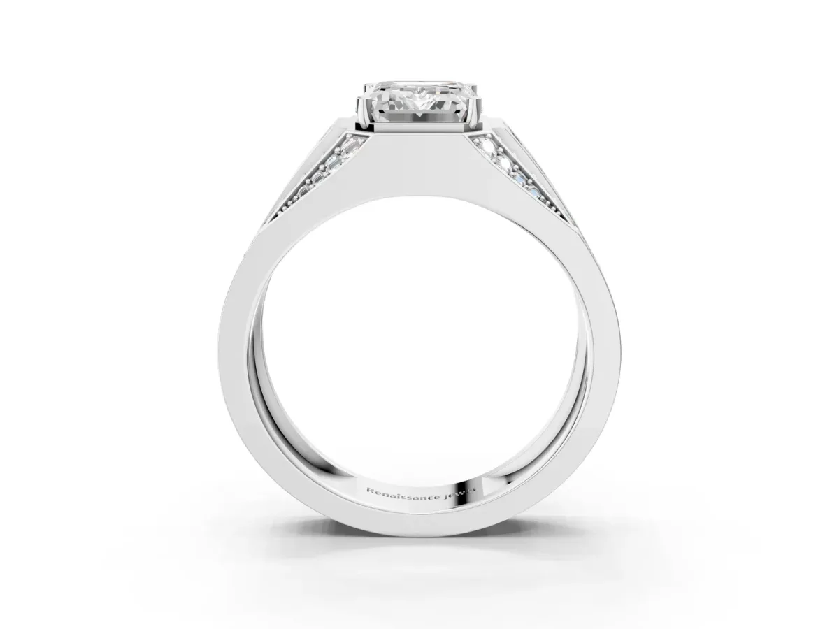 Emerald Cut Diamond Mens Ring with Baguette Side Stones Platinum