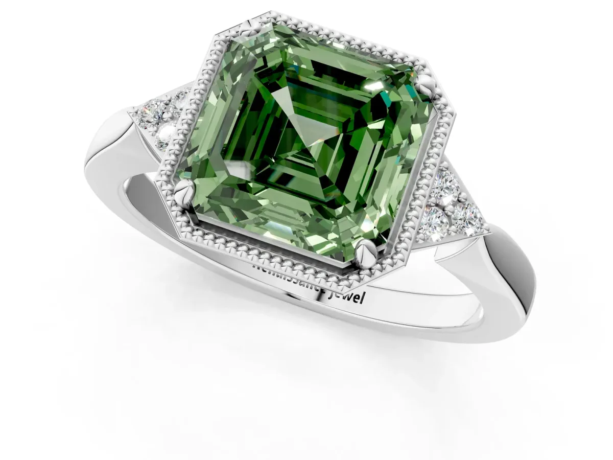 Fancy Green Asscher Cut Diamond Halo Ring with Tapered Band and Four-Prong Setting Platinum
