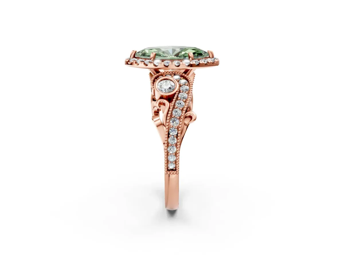 Fancy Green Marquise Cut Diamond Halo Ring with Milgrain Pavé Band and Four-Prong Setting Rose gold