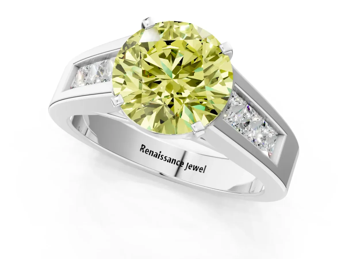 Fancy Yellow Round Cut Cut Channel Set Solitaire Ring with Four-Prong Setting White gold